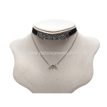 Velvet Choker Set Crystal Pendant Rhinestone Flower Necklace